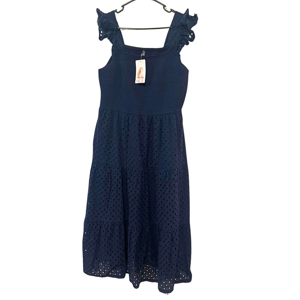 Pretty Garden XL NWT Navy Blue Eyelet Lace Tiered Midi Dress Ruffle Smocked